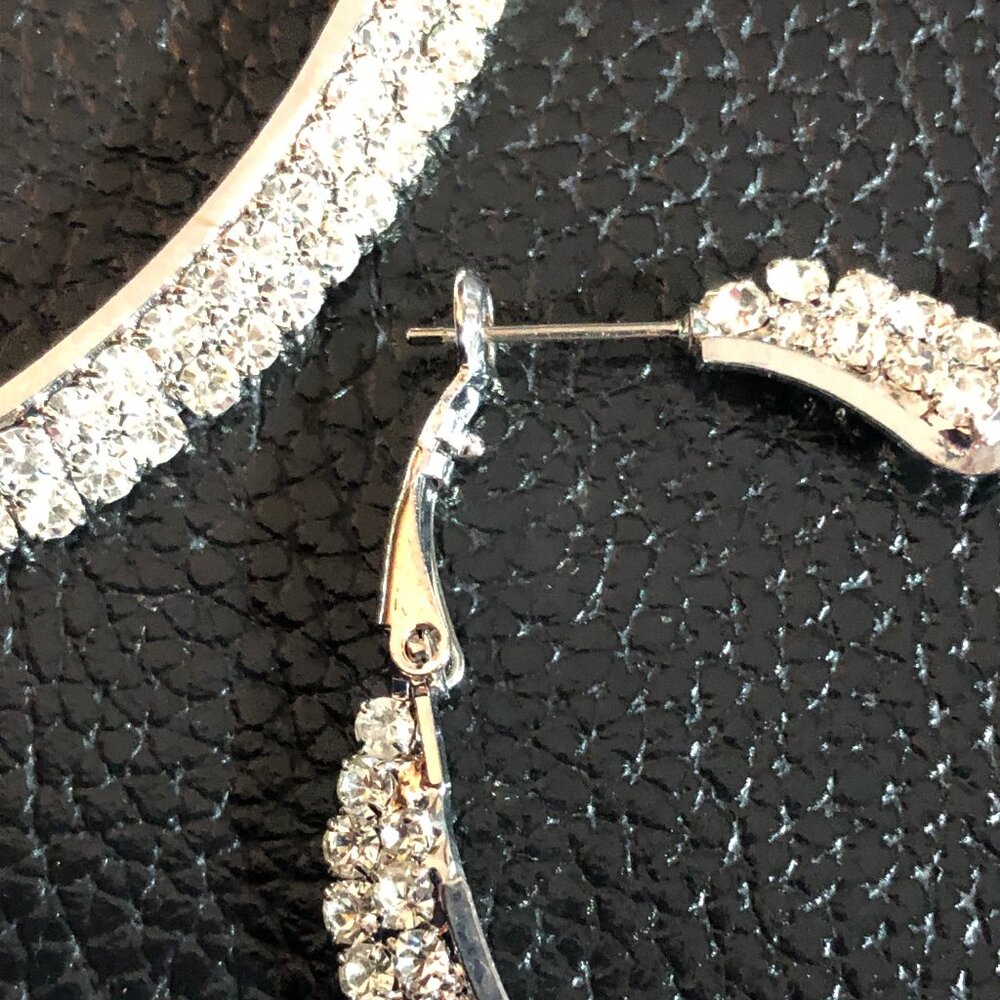 Silver Crystal Rhinestone Heart Hoop Earrings Big Huge 2.25" 2 Row VTG 90s NEW - Picture 7 of 10